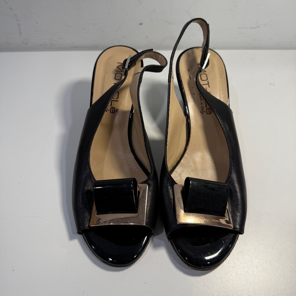 MOT CLE Mot Clé Black Gold Patent Ankle Strap Buckle Sandals Peep Toe 36 / US 6